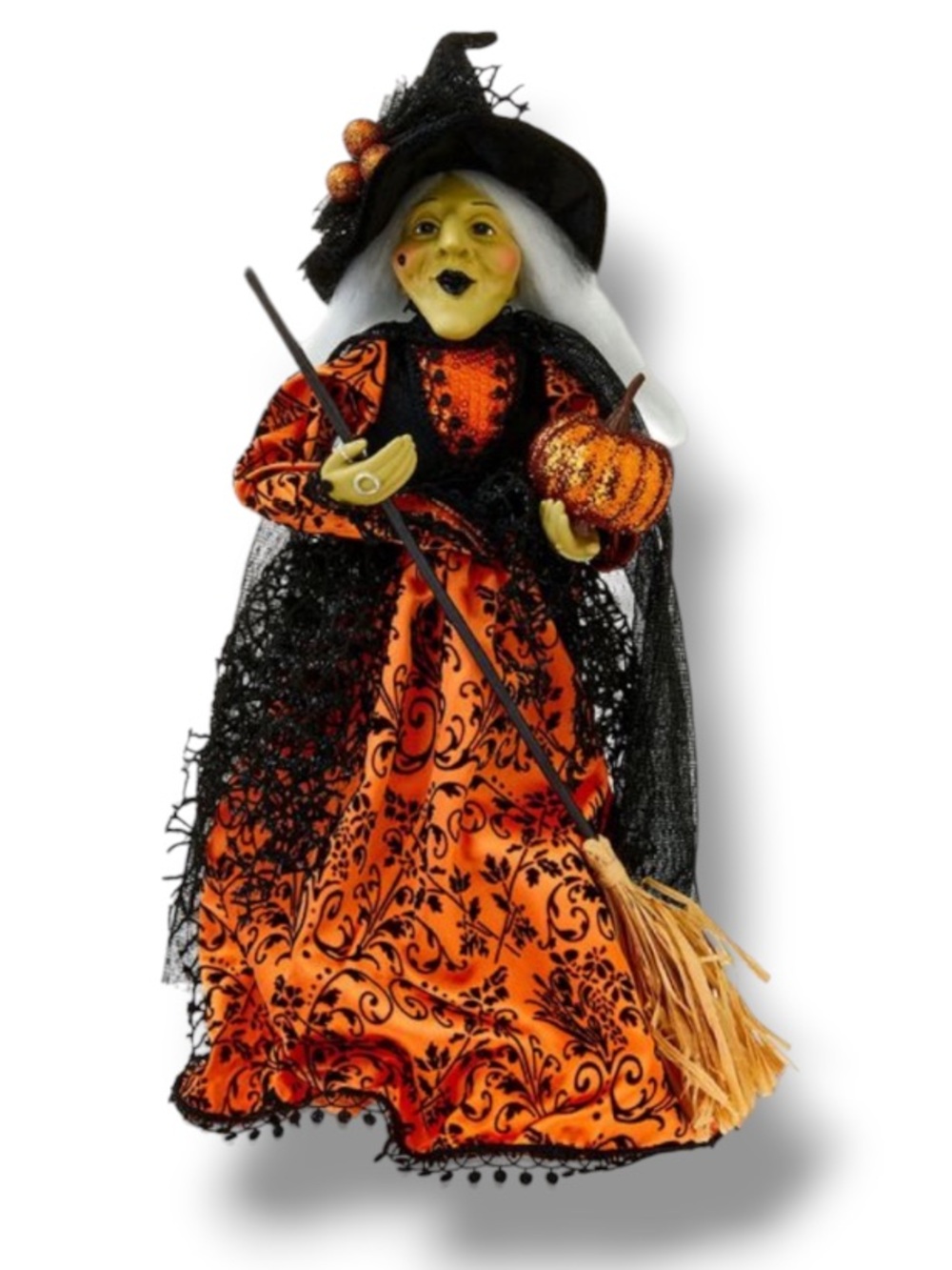 Halloween Black Orange Fabric Witch Glitter Pumpkin Wand Tree Topper Home Decor